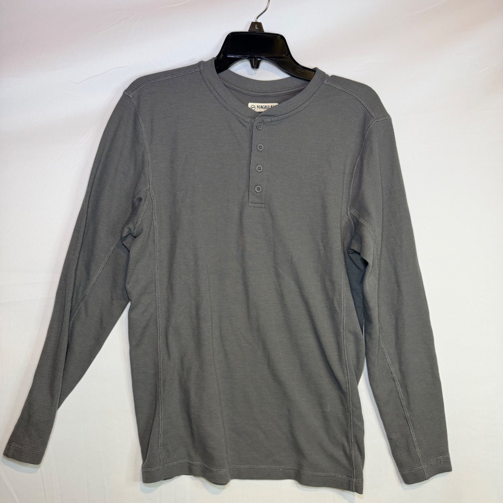 Magellan Outdoors Mens Grey Waffle Knit Henley Shirt Long Sleeve Classic Fit M